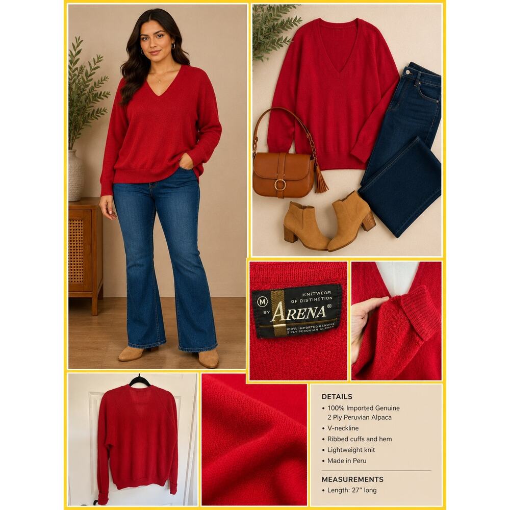Arena Pullover Vneck Sweater Womens Medium Peruvian Alpaca Long Sleeve Red Fall